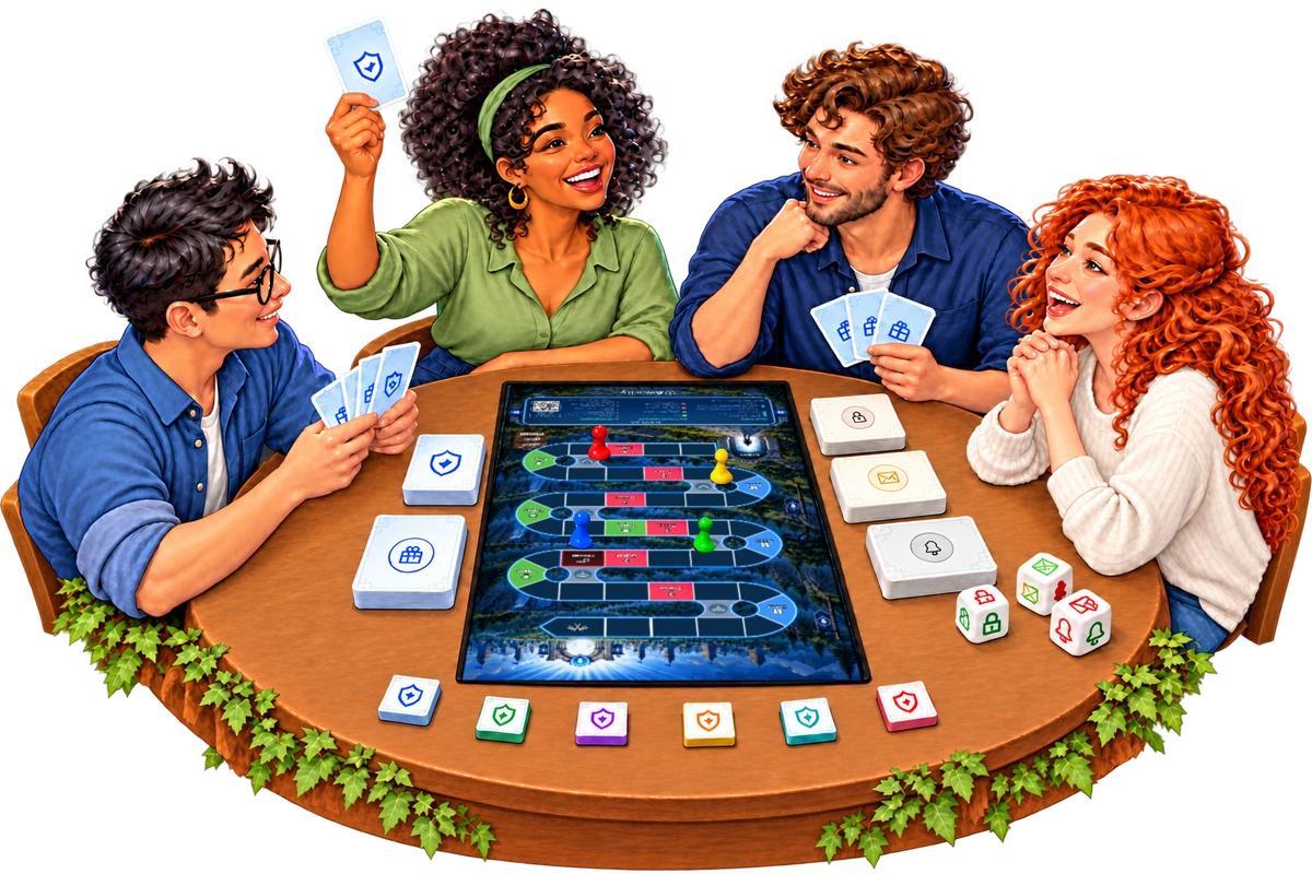 Vier spelers lachen rond de speeltafel met CyberSafe or Sorry